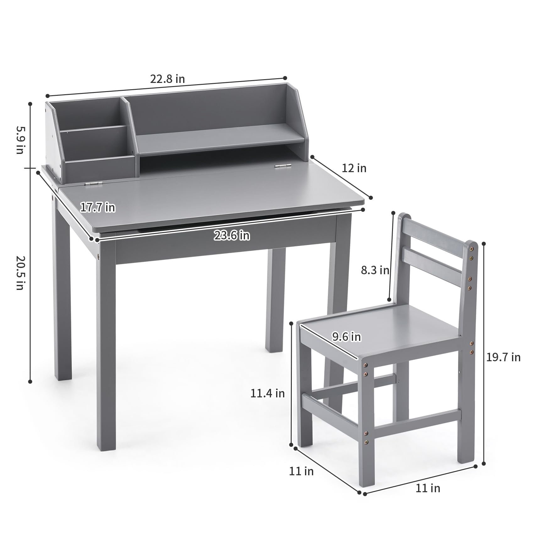 UNICOO® Bamboo Toddler Desk and Chair Set, Lift-Top Desk & Chair Set for 3-8 Years Old Toddlers, Children Writing Desk with Storage and Hutch for Home School Use (C007 - Grey)