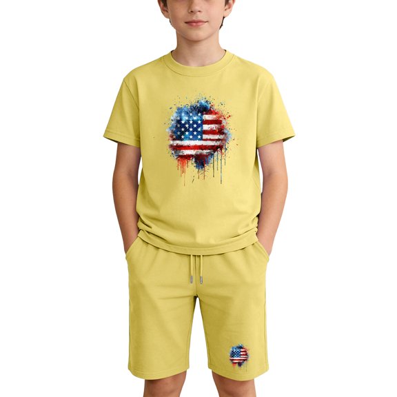 Kids 4th of July Outfit Unisex Yellow 2 Piece T-Shirt and Shorts Set Patriotic Summer Clothes,Size 7 T