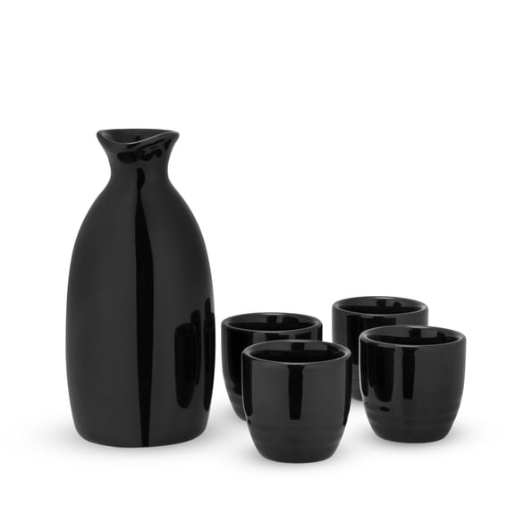 True Moga Traditional Japanese Sake Set 4 Cups and Carafe, Men Gifts, Black