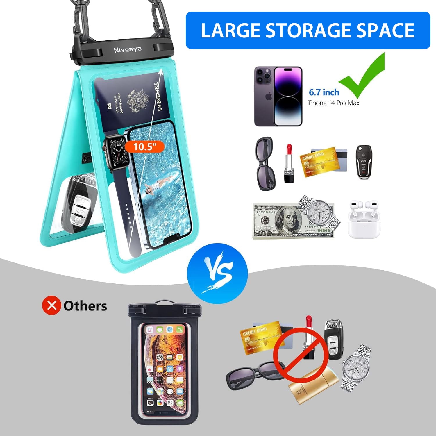 TJS [2 Pack] Up to 10.5" Double Space Large Waterproof Phone Pouch Bag with Lanyard, IPX8 Waterproof Cellphone Dry Bag Case for iPhone 16 15 Pro Max 14 Pro 13 12 Galaxy S23 Ultra S22 (Black+Teal)