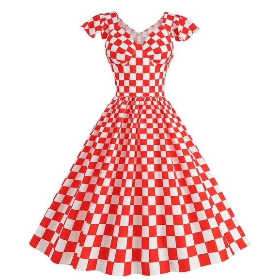 XFLWAM Women's 1960s Vintage Dress Cute Ruffle Sleeve Sun Dress Plaid A-Line Swing Cocktail Party Dress Retro Rockabilly Prom Dress
