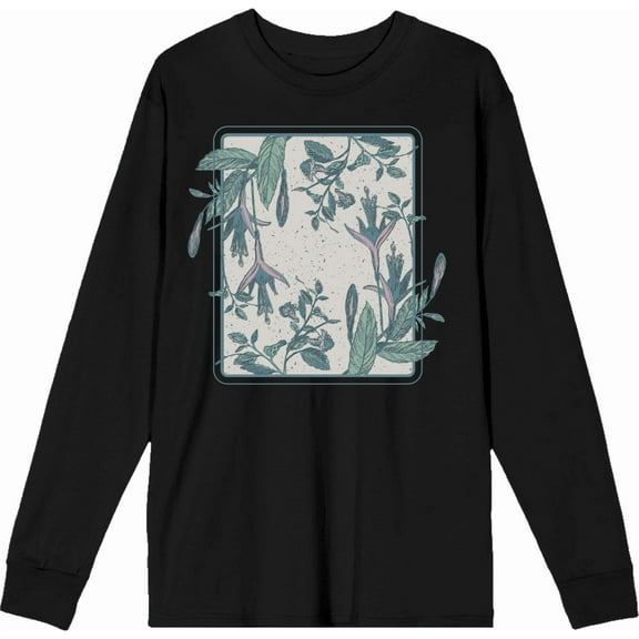 Fuschia Flowers Adult Black Crew Neck Long Sleee Tee-Small