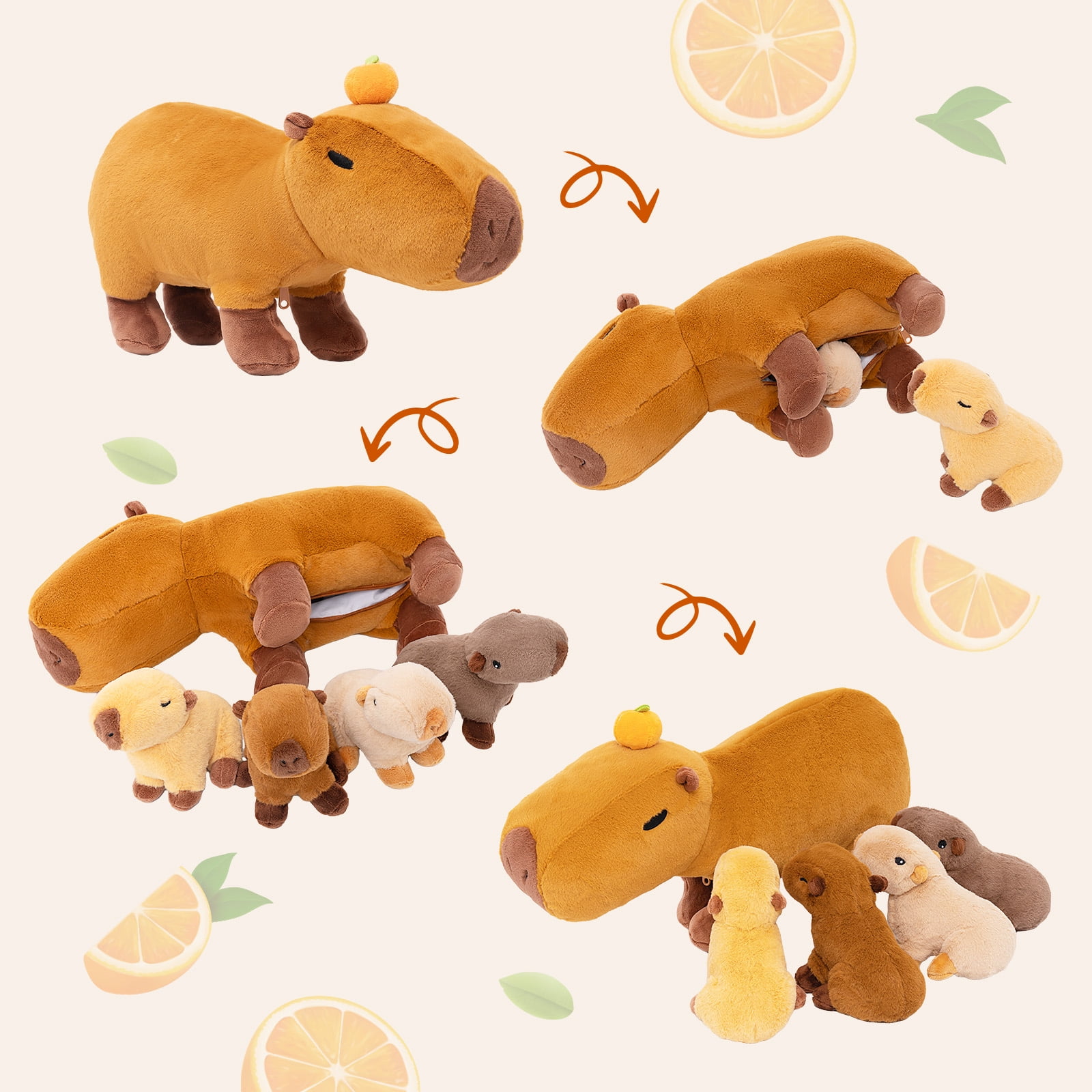 OUOZZZ 15" Capybara Stuffed Animal with 4 Babies inside, 5Pcs Capybara Soft Plush Pillow Toy Gift for Kids