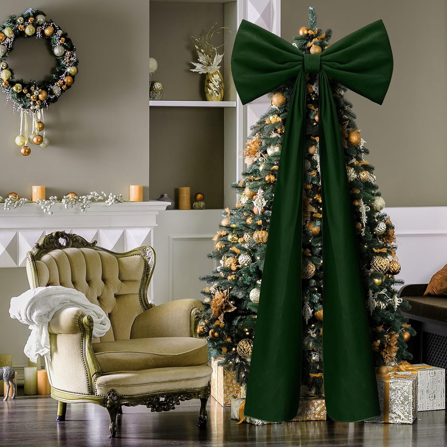Guvpev 6FT Christmas Bows - Extra Large Deep Green Velvet Bows for Christmas Tree Decor, Giant Xmas Tree Toppers Bows for Home, Windows, Mantel, Birthday, Wedding, Valentine's Day Party Decorations
