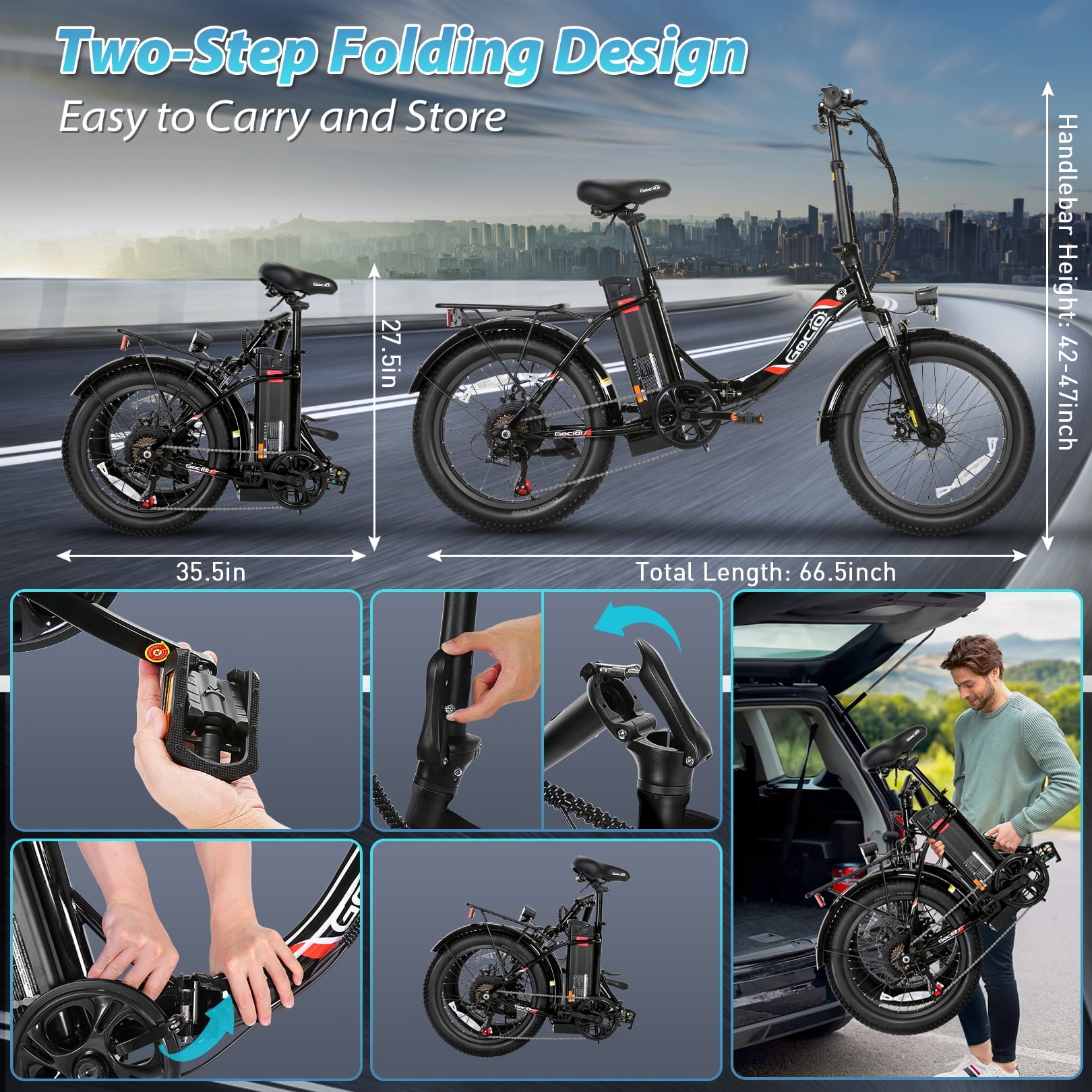 Gocio 20" Folding Electric Bike for Adults, 750W Peak Motor Fat Tire Commuter Ebike, 48V 10.4Ah Battery, 7 Speed, UL2849