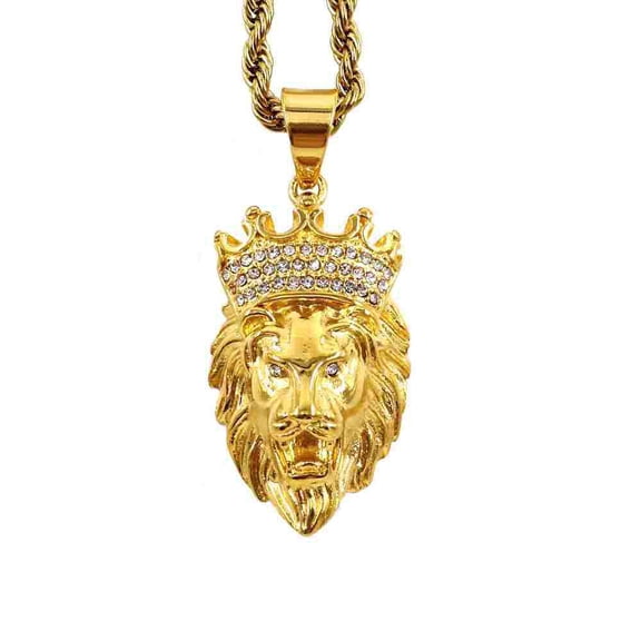 Hip Hop Iced Out Crown Lion Head Pendant Necklaces Male 14K Yellow Gold Zirconia Animal Necklace For Men Jewelry Gift