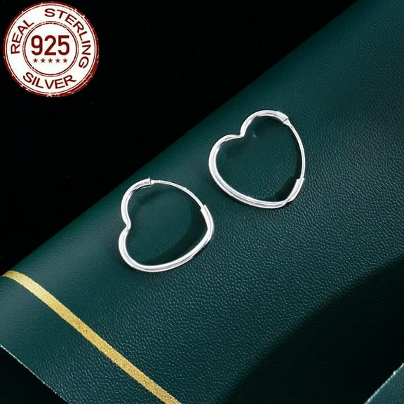 Lovely Real Sterling 925 Silver Solid Women Heart Polished Round Hoop Earrings