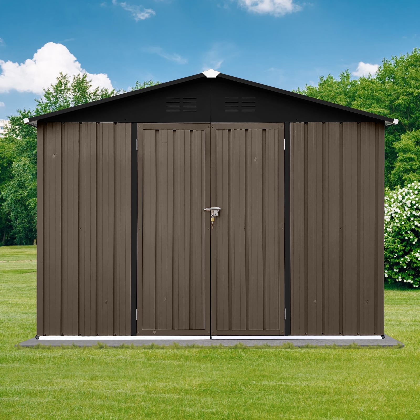 Alvantor Outdoor Storage Shed Metal Garden Shed with Apex Roof & Hinged Door,Brown + Black,8x6 FT