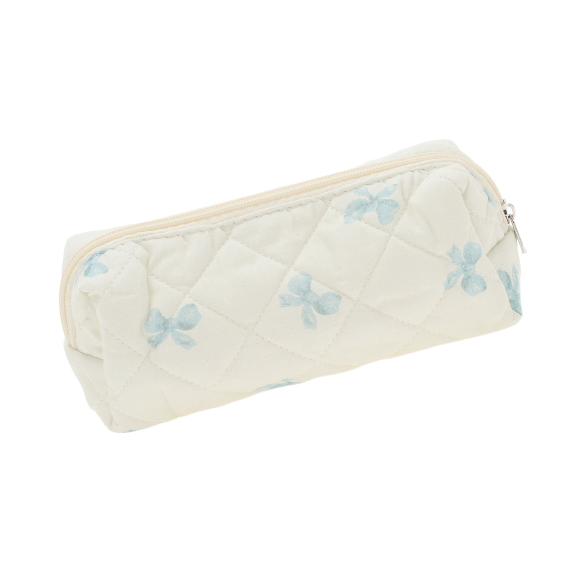 Unique Bargains 1 Pc Durable Bow Quilting Makeup Bag with Smooth Zipper White, Blue