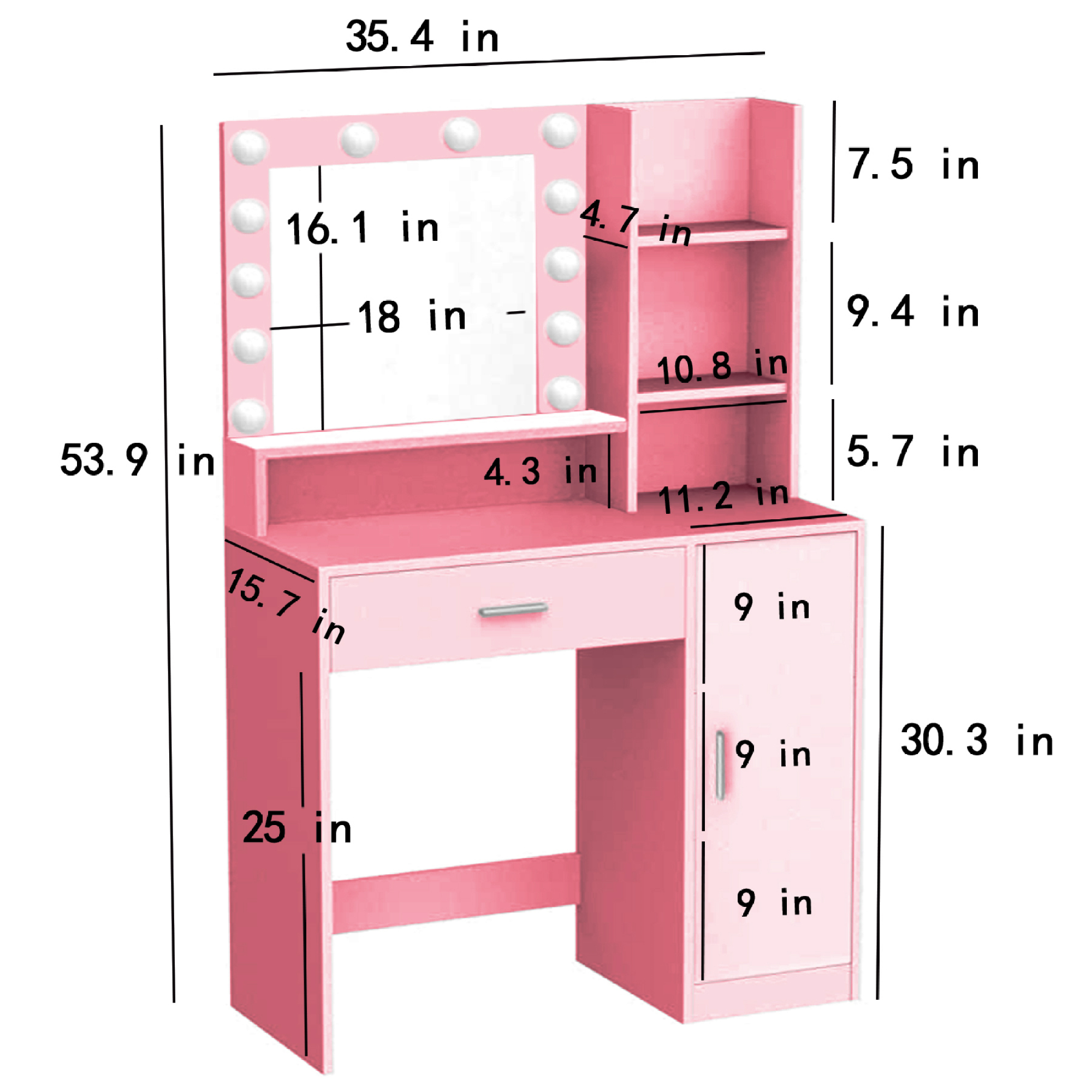 Makeup Vanity Desk with Mirror & Light,Large 3 Drawer Storage Dressing Table with 3 Color Lighting Modes for Bedroom,Pink