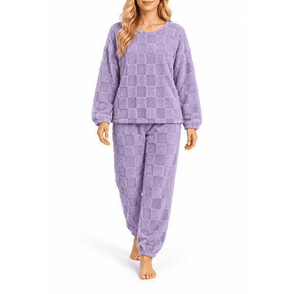 CAZOFW Pajamas for Women,Flannel Long Sleeve Top Pants Set Warm Fleece Sleepwear Free Size