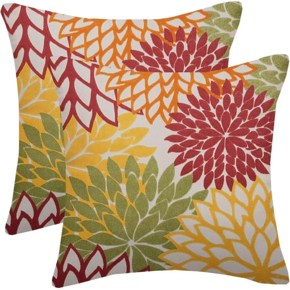 Yellow Green Red Pillow Covers 18x18 Inch Set of 2 Rustic Summer Orange Dahlia Floral Decorative Throw Pillows Farmhouse Geometric Flower Decor Cushion Cover for Home Sofa Bedroom Outdoor