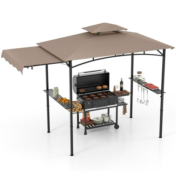 Gymax 11 x 5 FT Grill BBQ Gazebo w/ Side Awning Double-Tiered Top 2 Side Shelves Brown