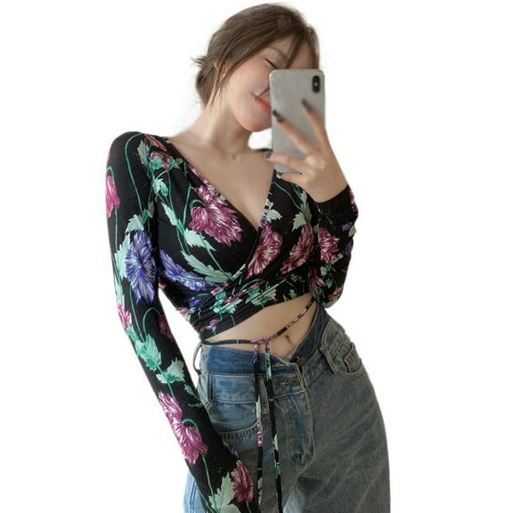 Slim Fit Top, Floral Tie Long Sleeve, V-Neck, Short T-Shirt Purple
