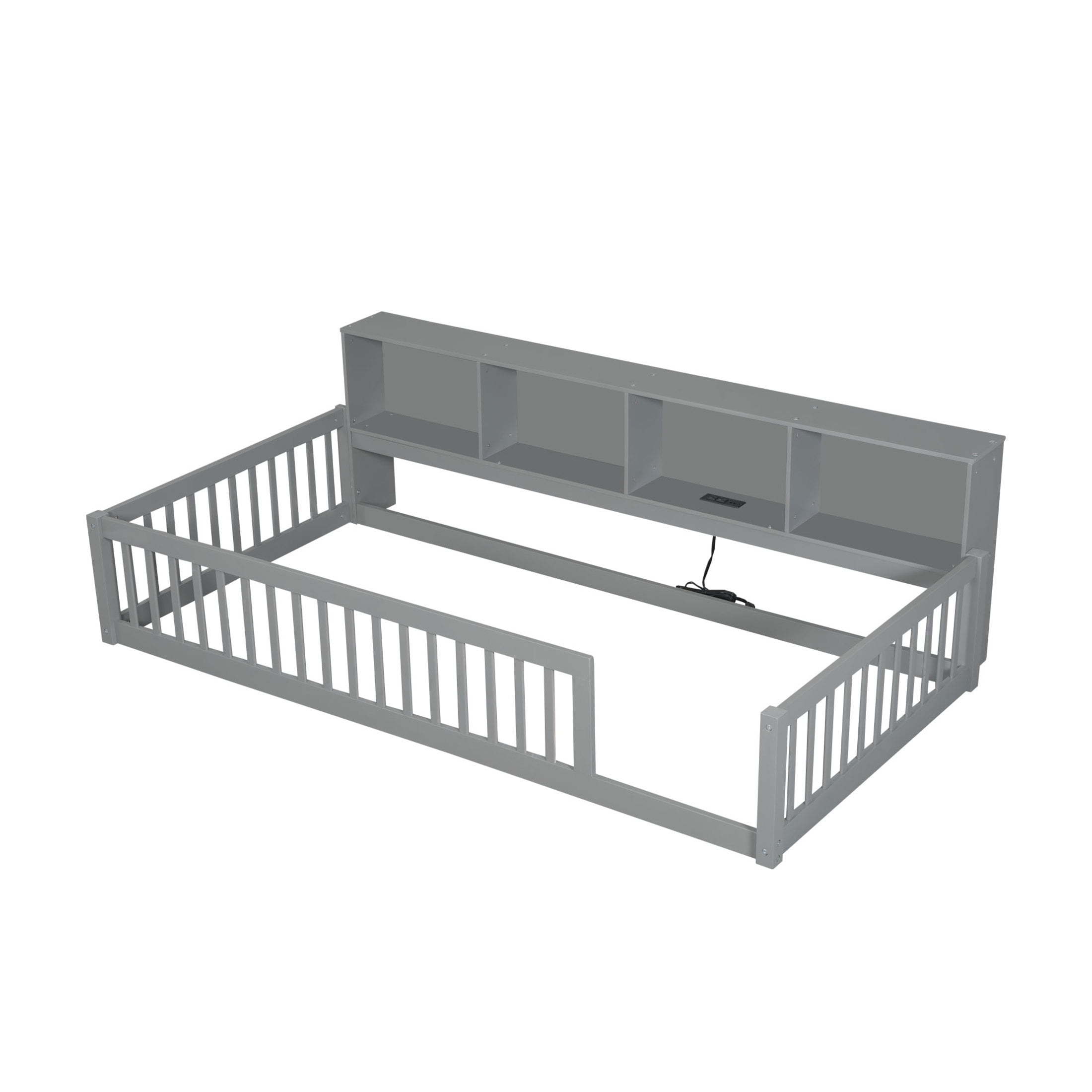 Noble House Twin XL Wood Floor Bed with Storage Cabinets and USB Charging Station, Space Saving Design, Gray
