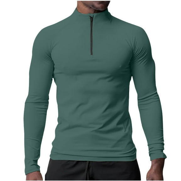 Mens Long Sleeve Muscle T Shirts 1/4 Zipper Fitness Raglan Shirts Stand Collar Stretchy Tight Tops Green, XL