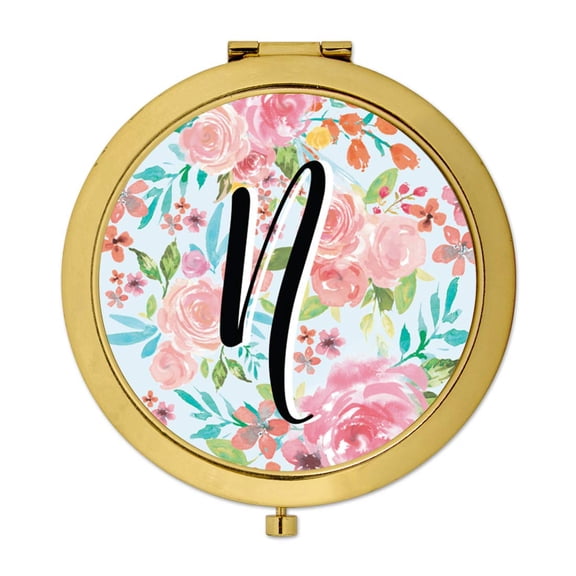Koyal Wholesale Compact Mirror Bridesmaid's Wedding Gift, Gold, Monogram Letter N, Tea Party Pink Floral Flowers, 1-Pack