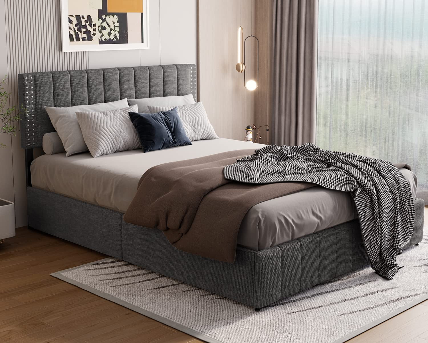 Lofka Full Bed Frame with 4 Drawers(Wheeled) and Adjustable Headboard Platform Bed Dark Grey