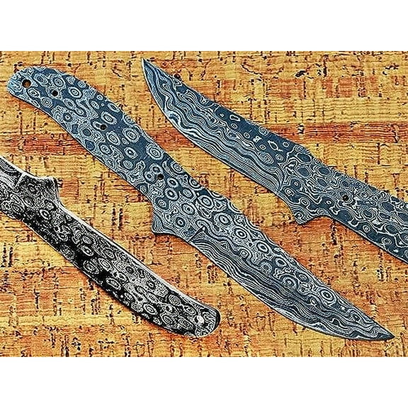 9 inches long Rain drop pattern Damascus steel Trailing point blank blade, knife making supplies, 4.5 inches long straight back scale with 3 pin and a lace holes, 4 inches cutting edge