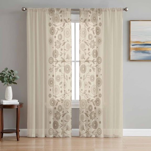 Japanese Sheer Curtains 96 Inch Length 2 Panels Set, Beige Farmhouse Retro Floral Leaf Pattern Voile Window Treatment Semi Sheer Long Curtains Drapes for Bedroom/Living Room/Kitchen 52"x96"x2