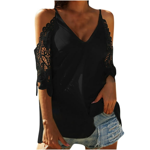 Blusa de tirantes de retazos de encaje con cuello en V para mujer Pompotops lopia998352