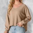 thumbnail image 2 of Olyvenn Stylish Womens V Neck Waffle Knit Sweater Loose Casual Blouse Plus Size Cropped Top Long Sleeve Pullover Crop Sweater Khaki 6, 2 of 6