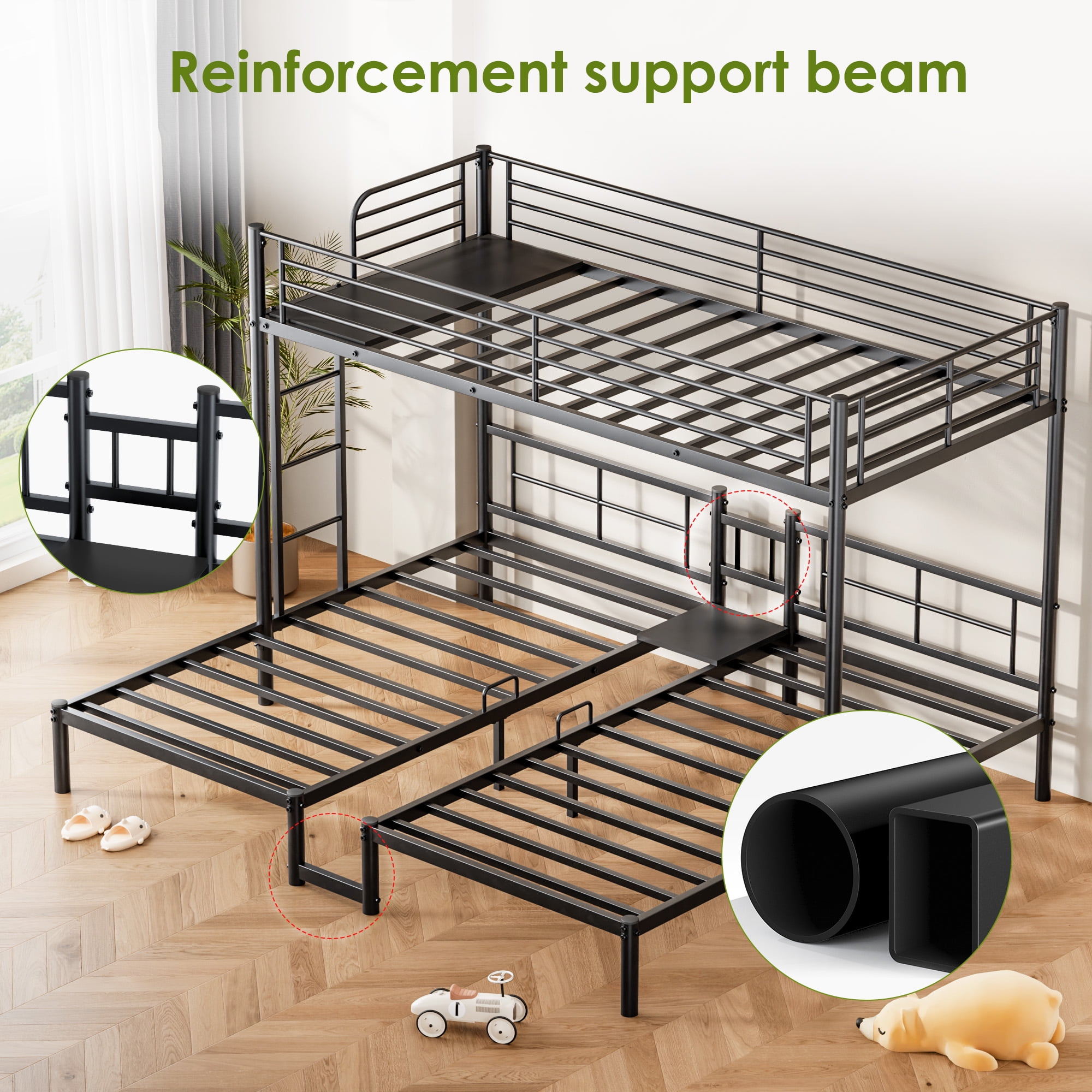 Leumius Metal Triple Bunk Bed Twin XL Over Twin Over Twin,Heavy Duty Triple Bunk Bed Frame for 3 Kids/Teens,Metal Bunk Bed Frame w/Under-bed Storage, No Box Spring Needed,Black