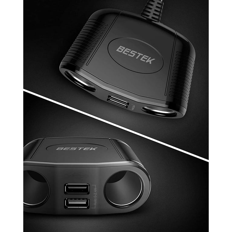 BESTEK Car Power Splitter, 150W, Dual USB, 2 Sockets, 26-Inch Cord,  Flame-Retardant Casing
