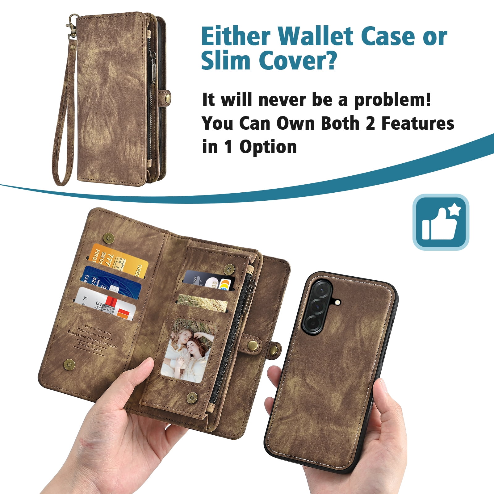 Asuwish Phone Case for Samsung Galaxy A36 5G Zipper Wallet Detachable Cell Cover with Tempered Glass Screen Protector Crossbody Lanyard Strap Flip Card Holder A 36 36A LTE SM-A366U Women Girls Brown