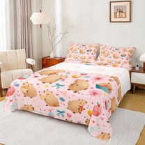 Homewish Cute Capibara Animal Twin Sheet Sets for Teen, Kawaii Bowknot Twin Fitted Sheet, Pink Cartoon Theme Flat Sheet, Microfiber Bedroom Decor, 3-Piece