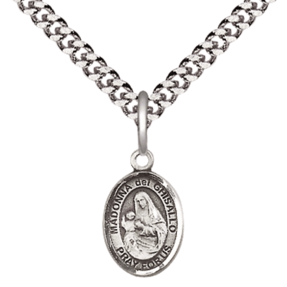 Pewter Saint Madonna Del Ghisallo Medal Pendant on 24 Inch Endless Rhodium Plated Heavy Curb Brass Chain, Catholic Religious Necklace -Made in USA- Deluxe Velvet Gift Box