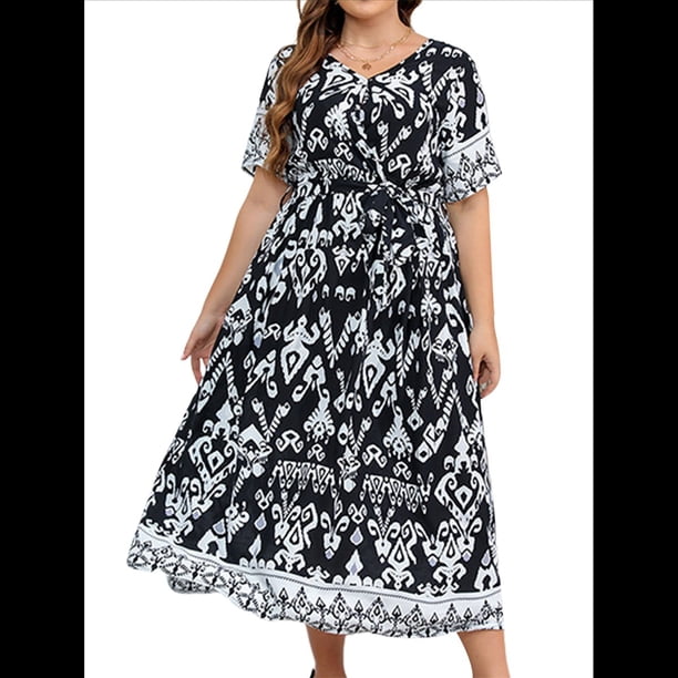 Vestido de Verano Holgado Informal de Corta con Corte A y Corte en A para Mujer, Talla Grande y Negro XXXL