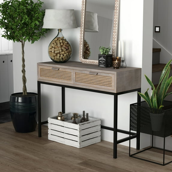 COZAYH Rustic Console Table with 2 Drawers Entryway Hallway Farmhouse Country Style, Cabin-Inspired Natural Finish (Distressed Grey)