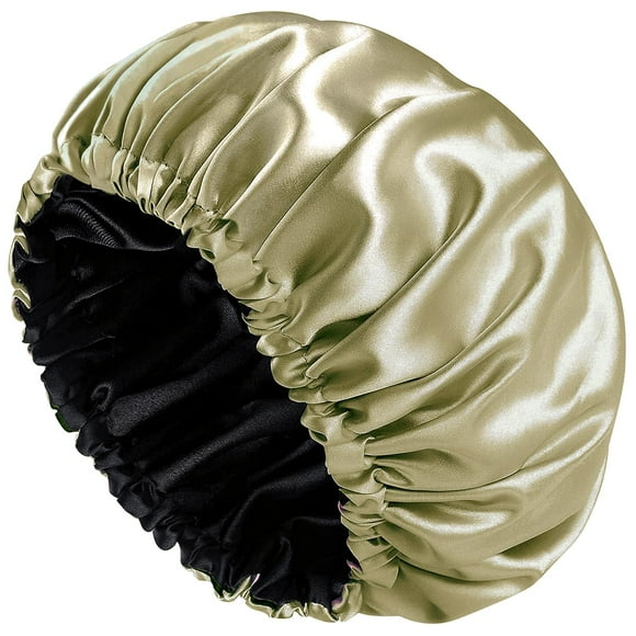 Gorro de satén de seda para dormir, doble capa, forro de satén auténtico, con pelo rizado para mujer