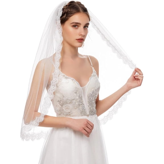 "Bridal Wedding Veil with Lace Edge,1 Tier,Fingertip Length and Comb for Brides