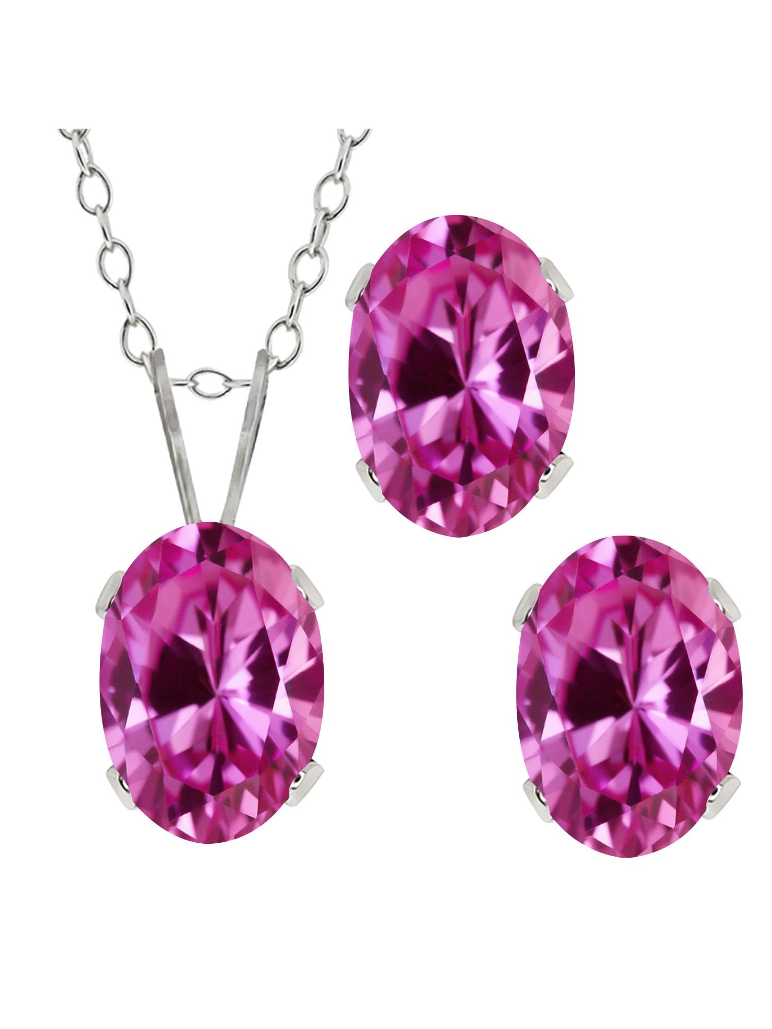 Gem Stone King 2.70 Ct Oval Pink Created Sapphire 925 Sterling Silver  Pendant Earrings Set