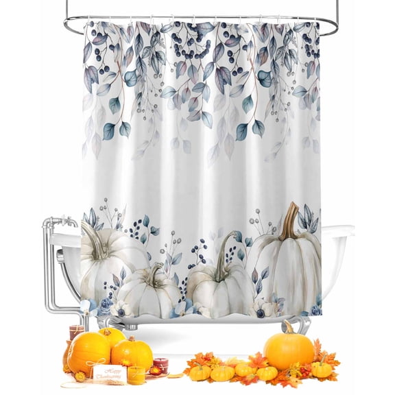 Thanksgiving Shower Curtain Set ,Waterproof Fabric Shower Curtains Blue Leaf Berry Pumpkin Shower Curtains for Bathroom,Bathroom Decor 36"x78"
