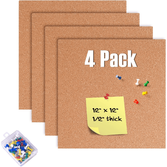 4Pack Cork Bulletin Board 12 X 12 Inch 1/2" Thick Cork Board Tiles Self-Adhesive