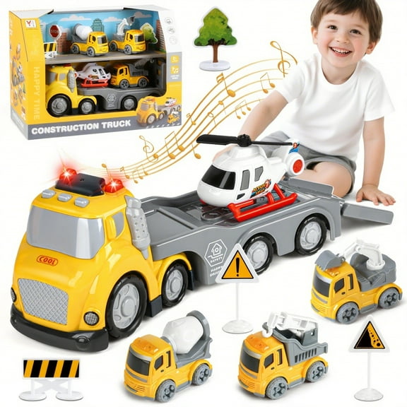 Beefunni Toddler Toys for Boys 3 4 5 6 Years Old, Construction Toys Truck Carrier Vehicle Toy Set with Light & Sound, Christmas Birthday Gift Car Set for Kids Boys Girls