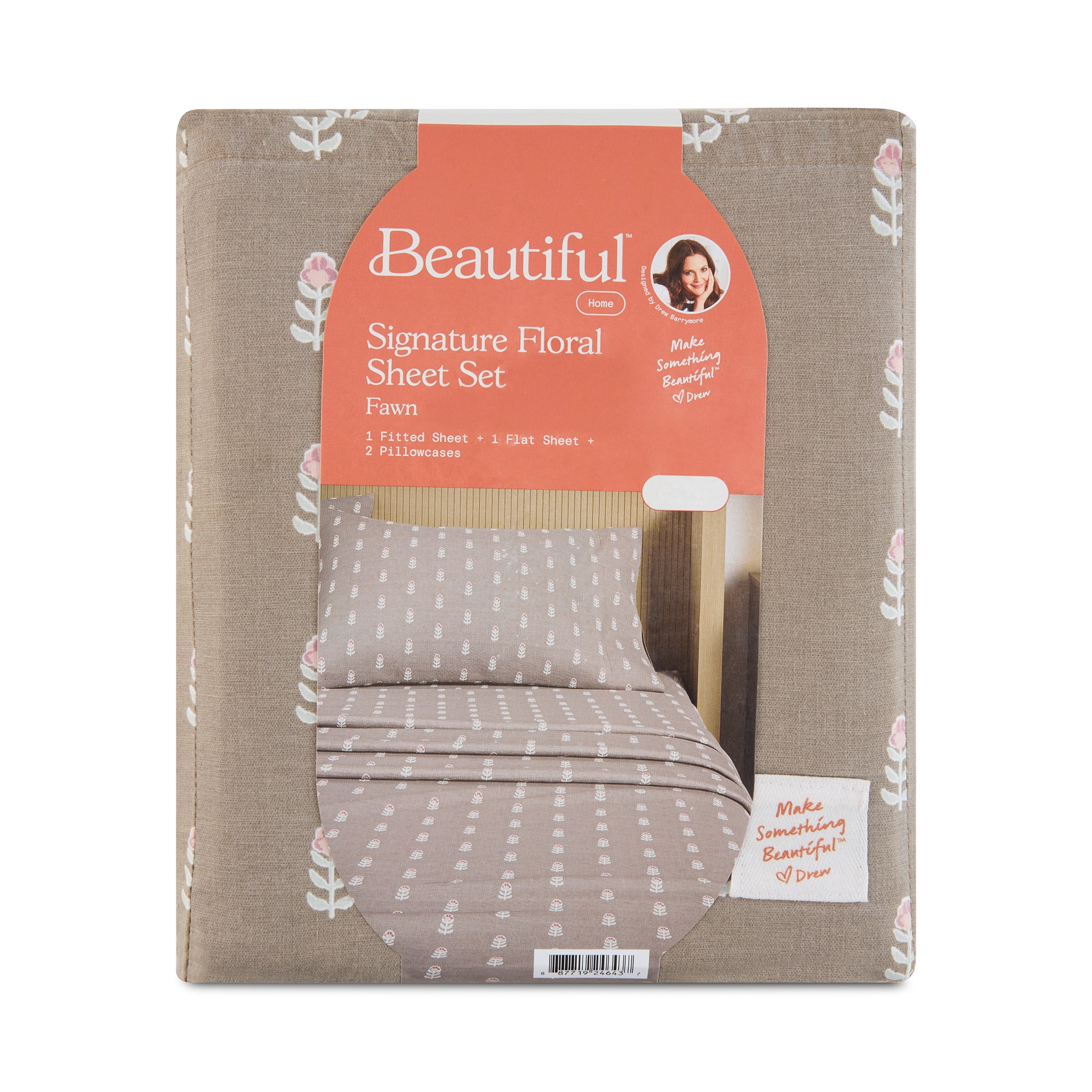 Beautiful Signature Floral 3-Piece 100% Cotton Percale Sheet Set, Fawn, Twin by Drew Barrymore