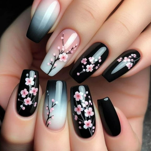 Valentine Press on Nail Flower False Nail Coffin Artificial Nail Floral Stick on Nail Acrylic Nail Full Cover Nail Art