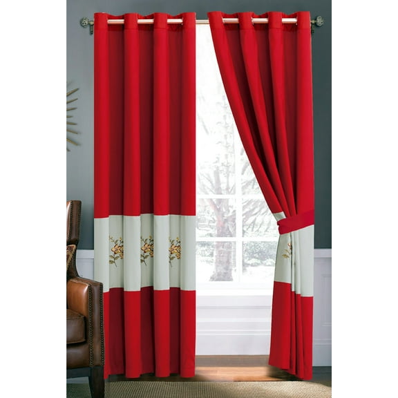 4-Pc Floral Blossom Embroidery Curtian Set Red Silver Gray Metal Grommet Sheer Liner Drape