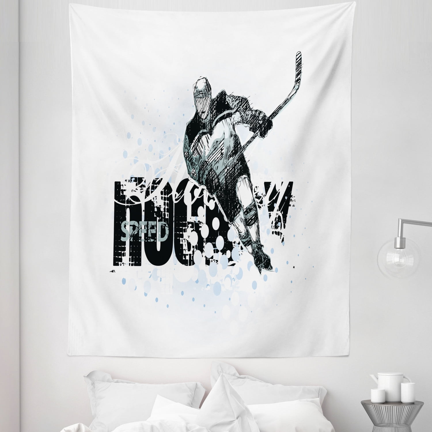 Hockey Tapestry, Grunge Sketch Art of a Professional Player Silhouette and Text Dots, Fabric