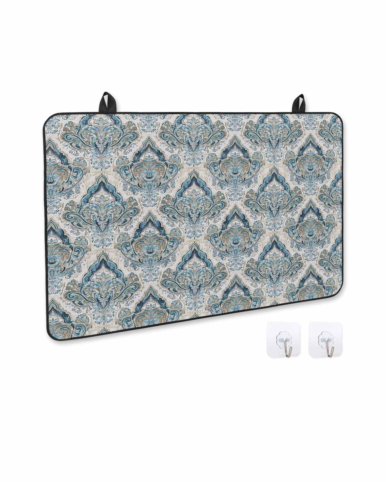 nqOlkjepod Large Induction Cooktop Protector Mat 36"x21", Boho Floral Stove Top Covers for Electric Stove, Retro Teal Blue Flower Vintage Decorative Stove Burner Cover Mats, Glass Top Stove Cover