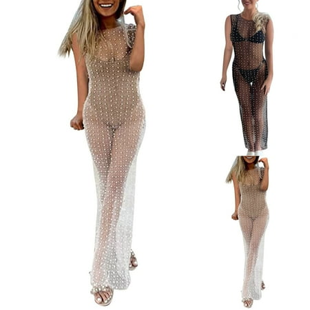 Brnmxoke Women s See Through Pearl Rhinestone Cover Up Maxi Dress Summer Beach Sheer Mesh Long Dress Swimwear Bikini Cover Ups Skinny Bathing Suit Coverups Black M