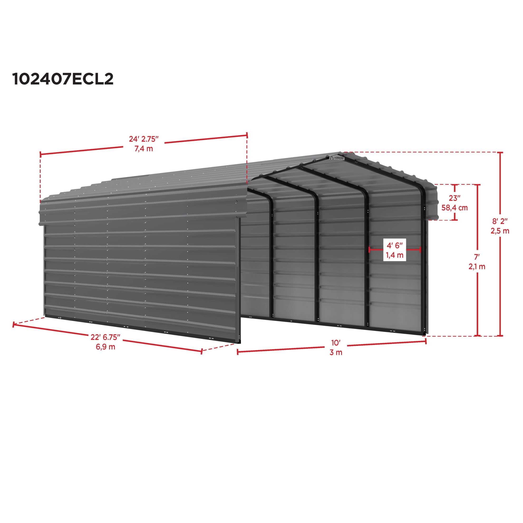 Arrow 10 x 24 x 7 ft Eggshell Steel Carport With 2 Side Wall Kit