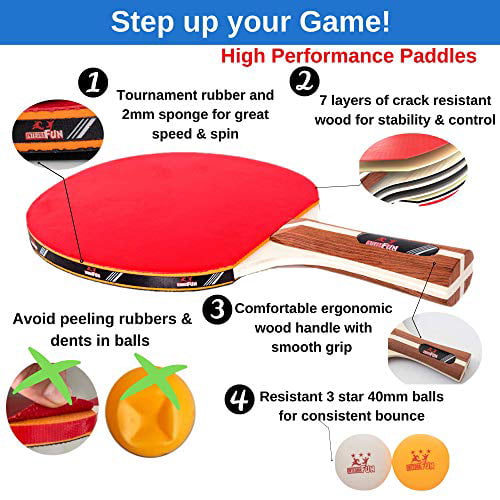 Ergonomic Grip 8 Tournament Table Tennis Balls Paddle Case Ping Pong Paddle Set 4 Wood Ping Pong Paddles Portable Table Tennis Set .- Family Table Games Professional/Casual Play 