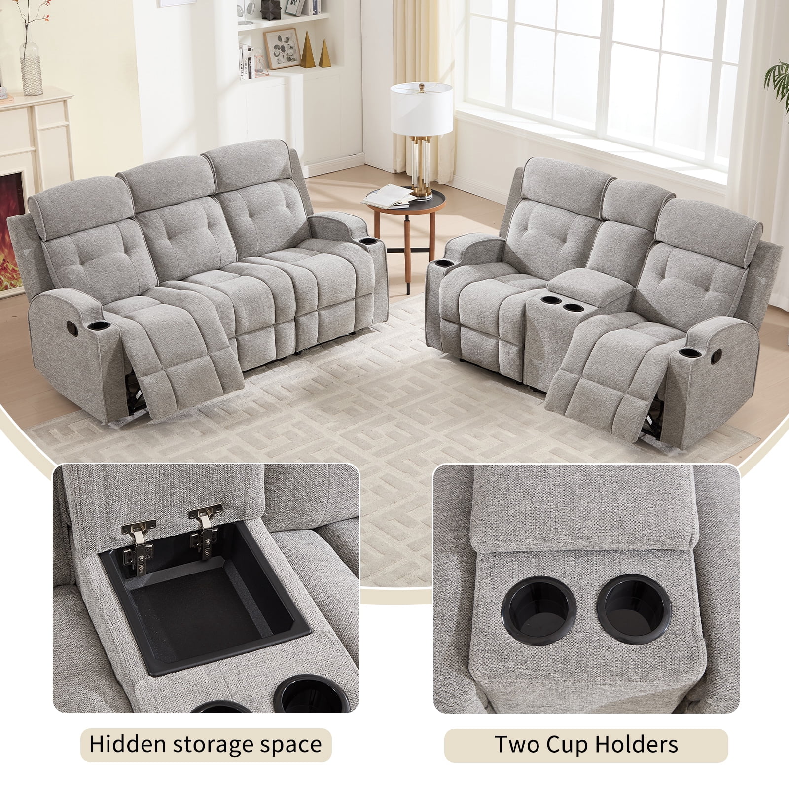 Bonzy Home Manual Recliner Sofa Set – Fabric Loveseat & 3-Seat Reclining Sofa for Living Room