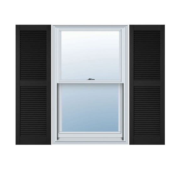 14 1/2"W x 31"H Lifetime Vinyl, Custom Straight Top Center Mullion, Open Louver Shutters, w/Shutter-Loks (Per Pair), Black
