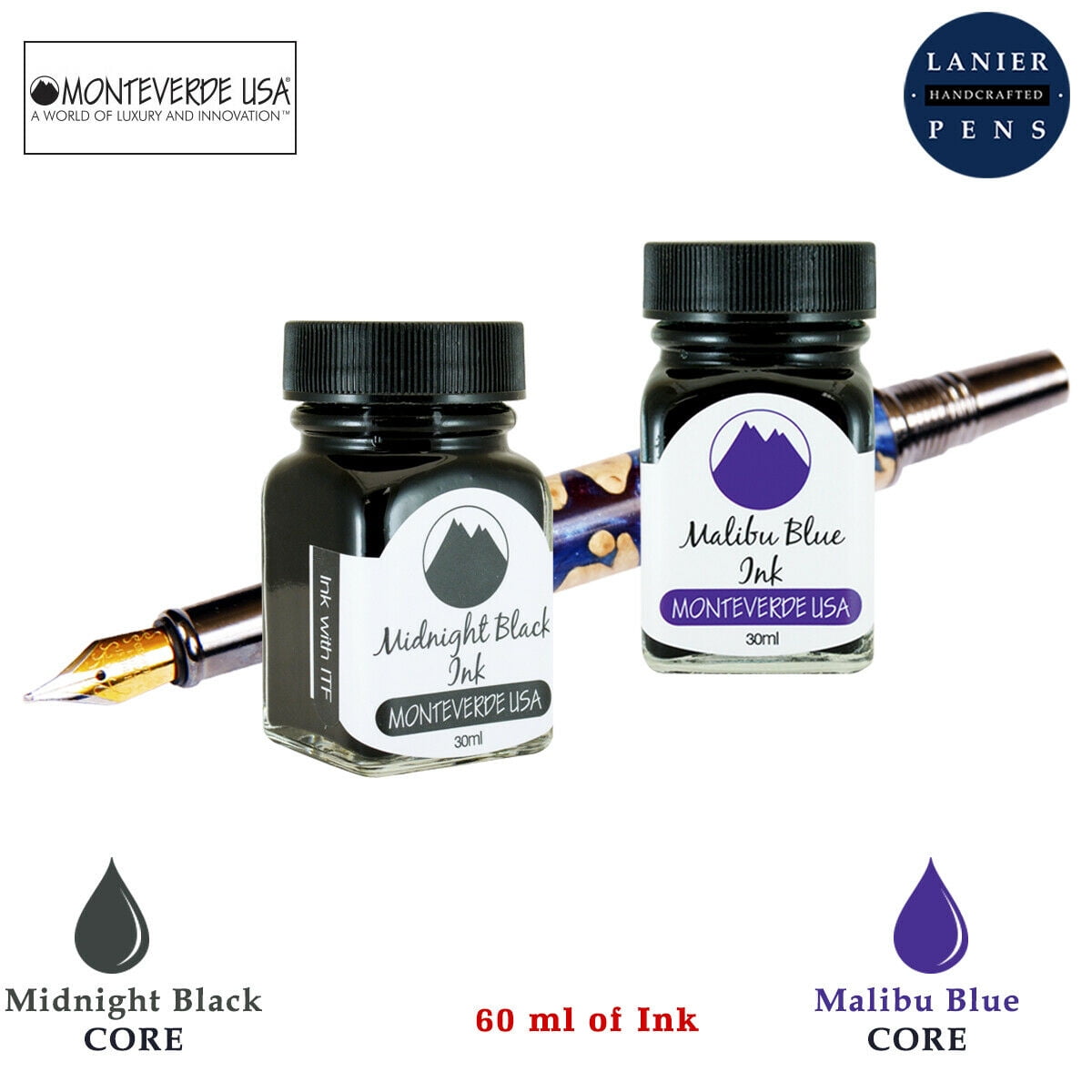 Monteverde 60ml Core Fountain Pen Ink Bottle (30ml Midnight Black Ink Bottle G309MB, 30ml Malibu Blue Ink Bottle G309MU)